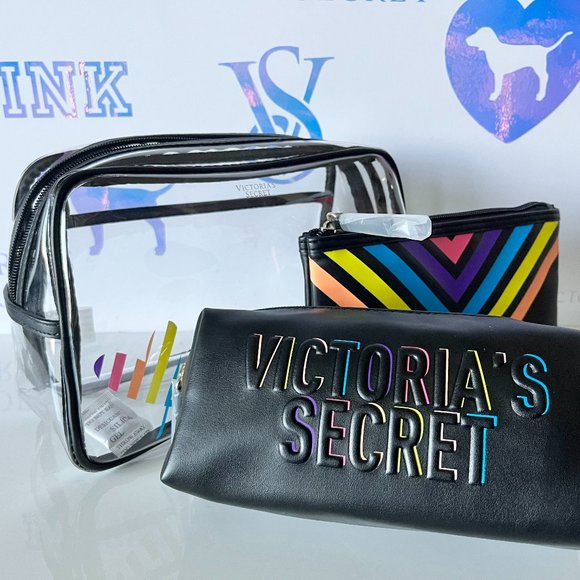 Victoria's Secret Rainbow Backstage 3 Piece Cosmetic/Makeup Cosmetic Bag Chevron - Picture 6 of 6